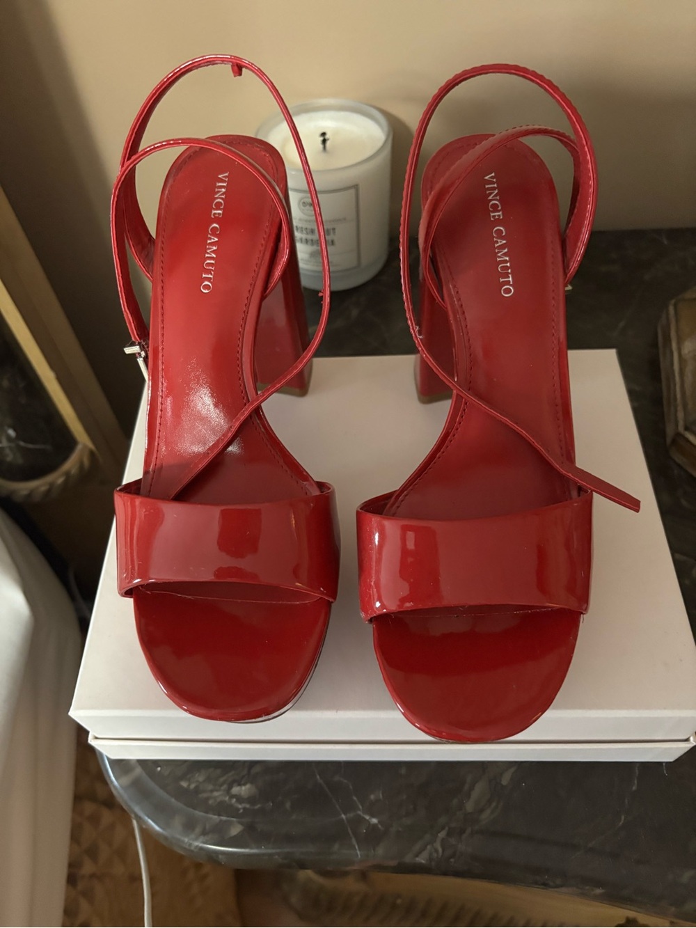 Vince Camuto Red Patent Slingback Block Heel Sandals